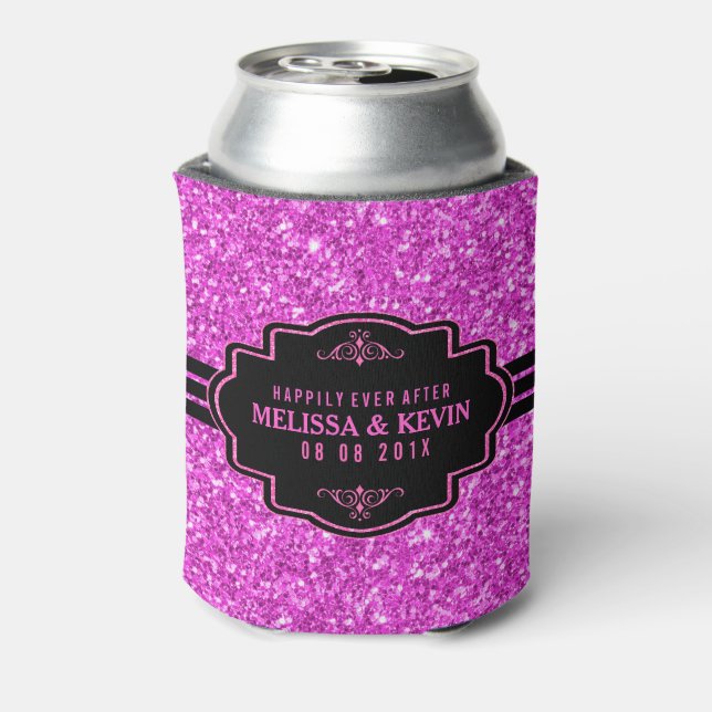 Hot Pink Glitter Black Accent Wedding Template Can Cooler (Can Back)