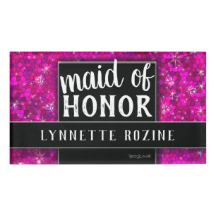Hot Pink Glitter Black and White Maid of Honour Name Tag