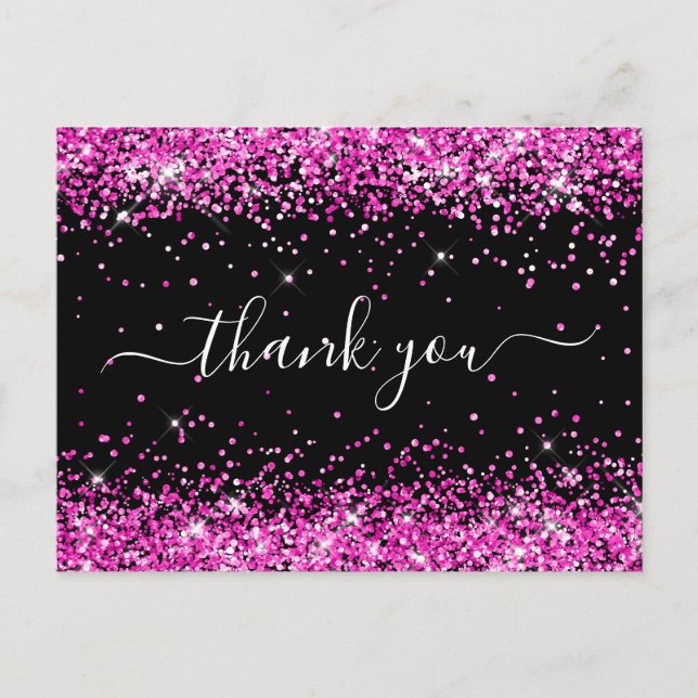 Hot Pink Glitter Black Baby Shower Thank You Postcard (Front)