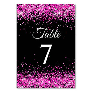Hot Pink Glitter Black Elegant Calligraphy Table Number