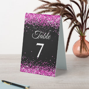 Hot Pink Glitter Black Elegant Table Number