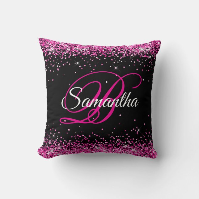 Hot Pink Glitter Black Fancy Monogram Cushion (Front)
