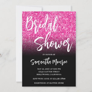 Hot Pink Glitter Black Gradient Bridal Shower Invitation