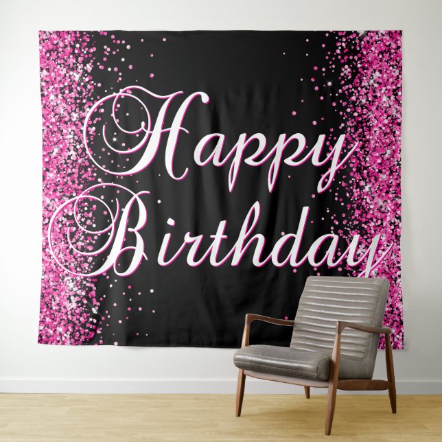 Hot Pink Glitter Black Happy Birthday Calligraphy Tapestry (In Situ (Horizontal))
