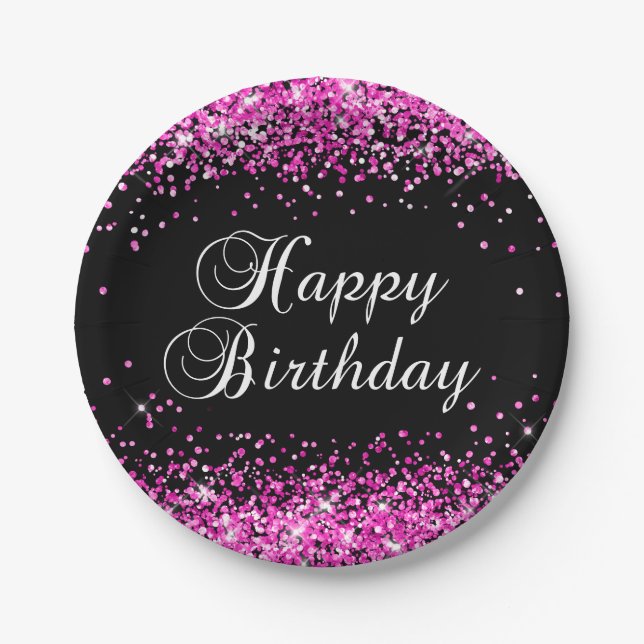 Hot Pink Glitter Black Happy Birthday Paper Plate (Front)