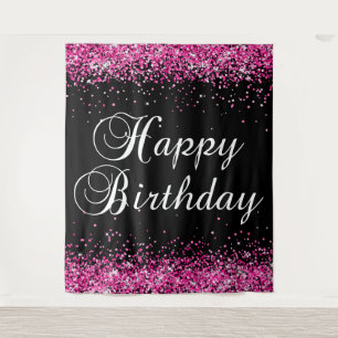 Hot Pink Glitter Black Happy Birthday Tapestry
