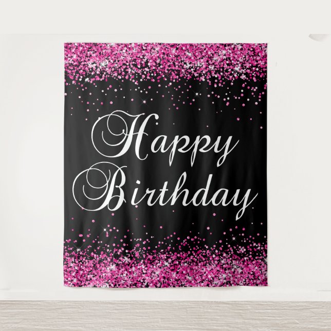 Hot Pink Glitter Black Happy Birthday Tapestry (Front)