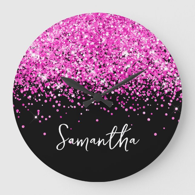 Hot Pink Glitter Black Script Name Large Clock (Front)