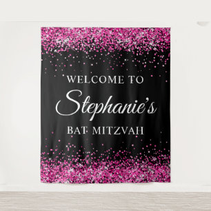Hot Pink Glitter Black Sweet 16 Birthday Welcome Tapestry
