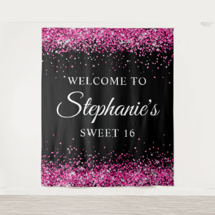 Hot Pink Glitter Black Sweet 16 Birthday Welcome Tapestry
