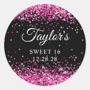 Hot Pink Glitter Black Sweet 16 Classic Round Sticker