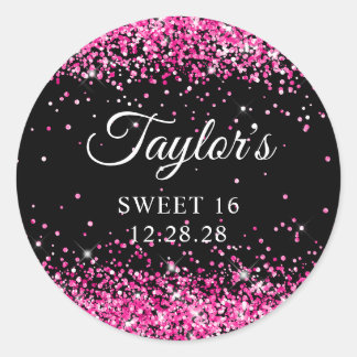 Hot Pink Glitter Black Sweet 16 Classic Round Sticker