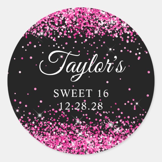 Hot Pink Glitter Black Sweet 16 Classic Round Sticker (Front)