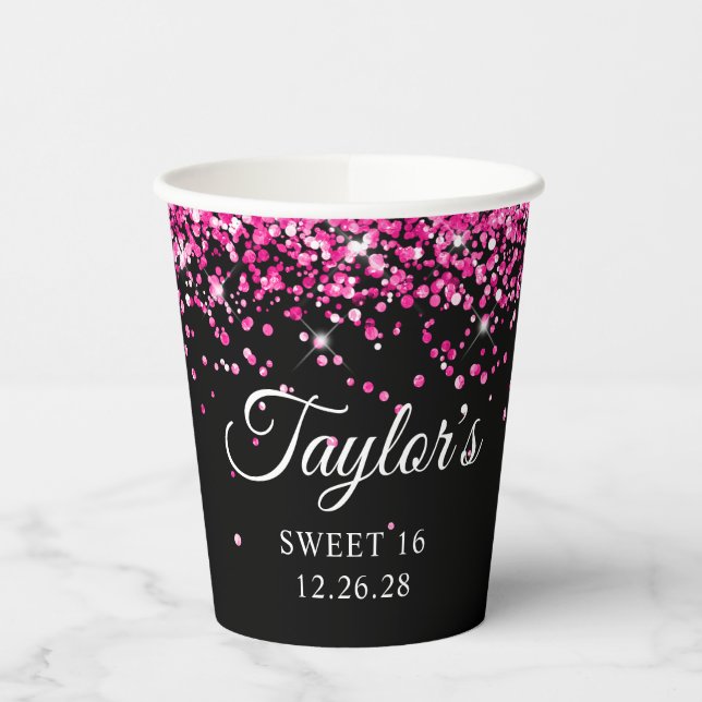 Hot Pink Glitter Black Sweet 16 Paper Cups (Left)