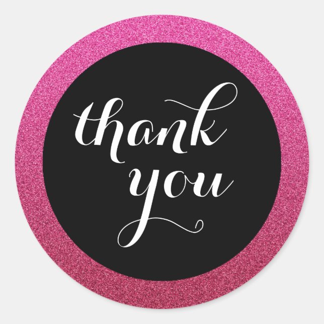 Hot Pink Glitter Black Thank You Favour Sticker (Front)