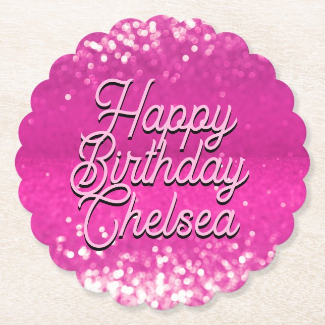 Hot Pink Glitter Bokeh Custom Text Paper Coaster (Front)