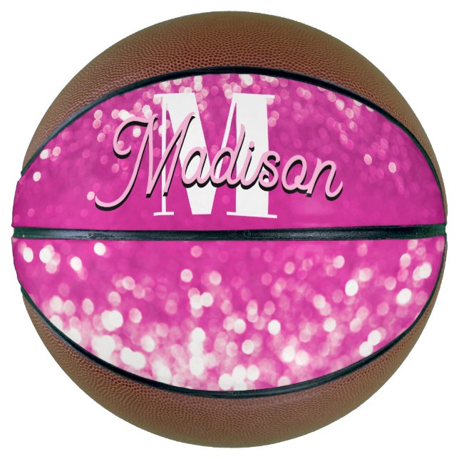 Hot Pink Glitter Bokeh Monogram Basketball (Front)