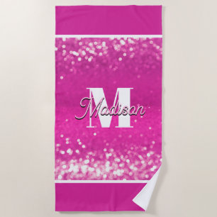 Hot Pink Glitter Bokeh Monogram Beach Towel