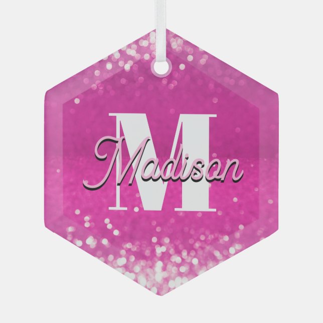 Hot Pink Glitter Bokeh Monogram Glass Tree Decoration (Front)