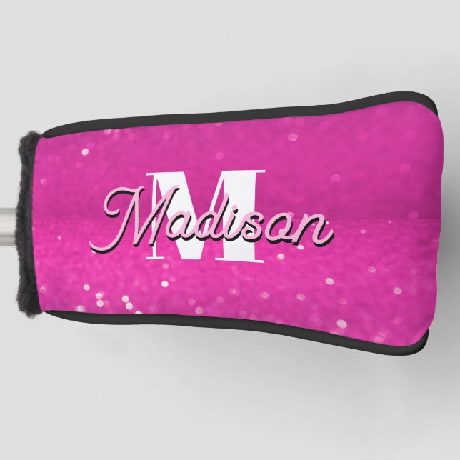Hot Pink Glitter Bokeh Monogram Golf Head Cover (Front)
