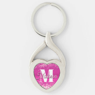 Hot Pink Glitter Bokeh Monogram Key Ring