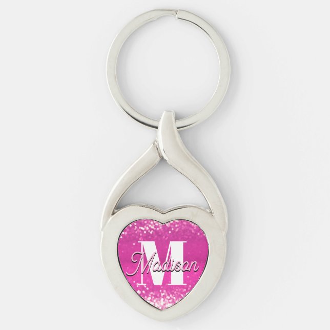 Hot Pink Glitter Bokeh Monogram Key Ring (Front)
