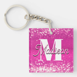 Hot Pink Glitter Bokeh Monogram Key Ring