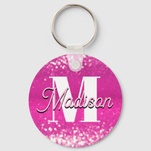 Hot Pink Glitter Bokeh Monogram Key Ring