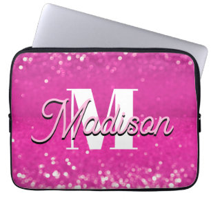 Hot Pink Glitter Bokeh Monogram Laptop Sleeve