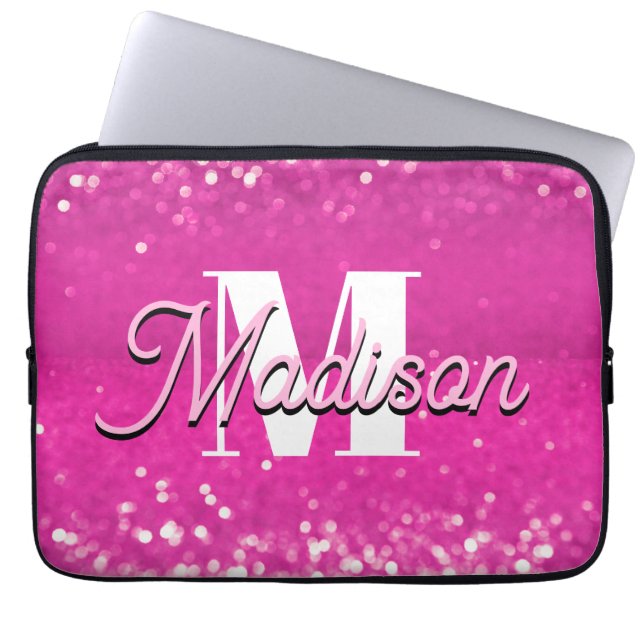 Hot Pink Glitter Bokeh Monogram Laptop Sleeve (Front)