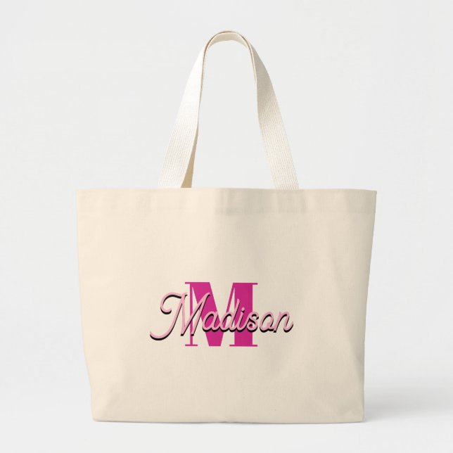 Hot Pink Glitter Bokeh Monogram Large Tote Bag (Front)