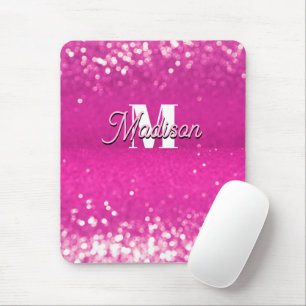 Hot Pink Glitter Bokeh Monogram Mouse Mat