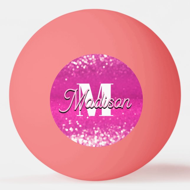 Hot Pink Glitter Bokeh Monogram Ping Pong Ball (Front)