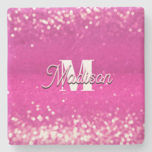 Hot Pink Glitter Bokeh Monogram Stone Coaster