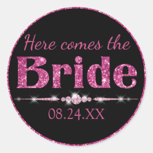 Hot Pink Glitter Bride and Diamonds on Black Classic Round Sticker