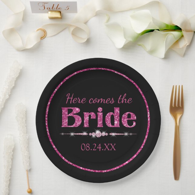 Hot Pink Glitter Bride and Diamonds on Black Paper Plate (Wedding)