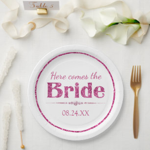 Hot Pink Glitter Bride and Diamonds Paper Plate