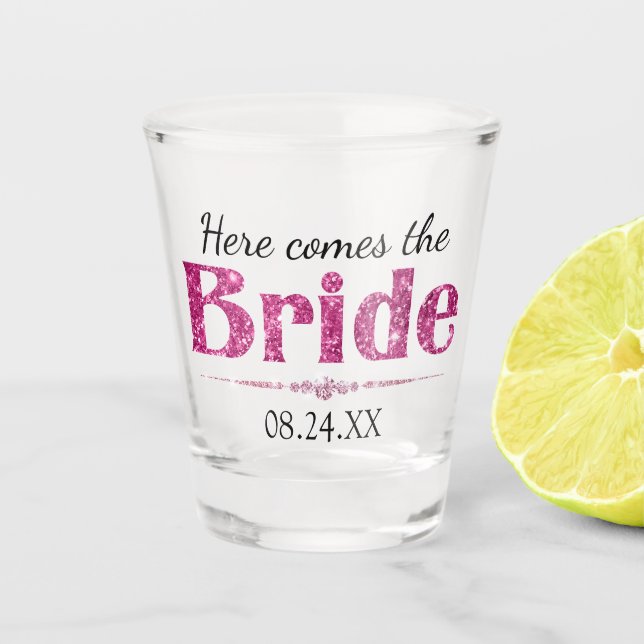 Hot Pink Glitter Bride and Diamonds Shot Glass (Front)