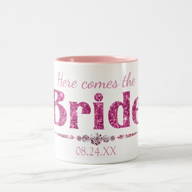 Hot Pink Glitter Bride and Diamonds Two-Tone Coffee Mug (Center)