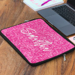 Hot Pink Glitter Brush Script Name Laptop Sleeve<br><div class="desc">Create your own hot pink luxury glitter with name or monogram.
Customise the brush script font calligraphy style and size.
There are other font styles in the system.
Move,  duplicate or delete the faux sparkle graphic.</div>