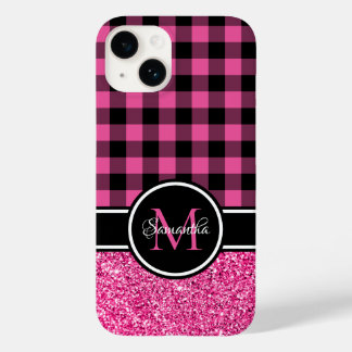 Hot Pink Glitter Buffalo Plaid Monogram Case-Mate iPhone 14 Case