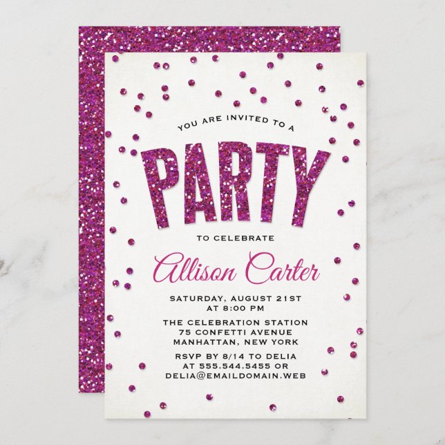 Hot Pink Glitter Confetti Party Invitation (Front/Back)