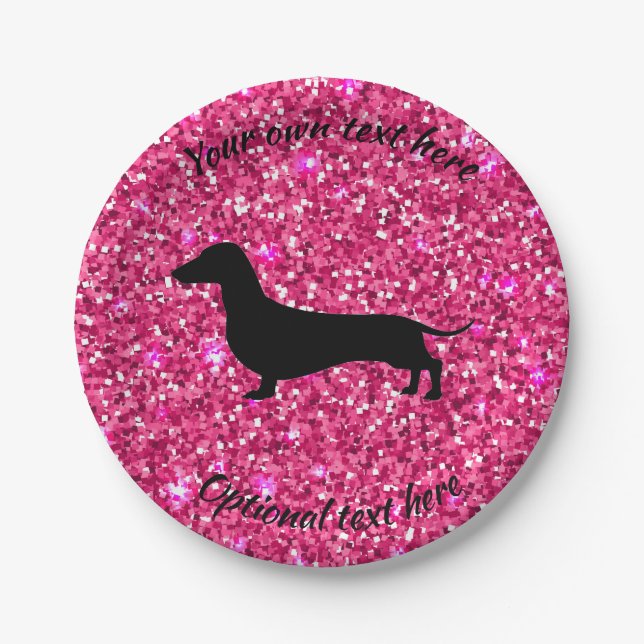 Hot Pink Glitter Dachshund Paper Party Plates (Front)