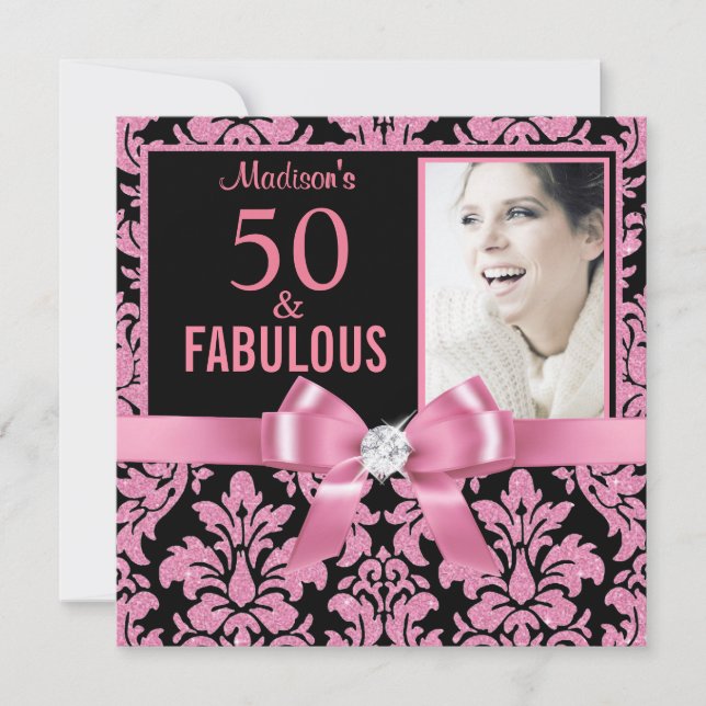 Hot pink glitter damask 50th Birthday Invitation (Front)