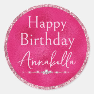 Hot Pink Glitter & Diamonds Happy Birthday  Classic Round Sticker