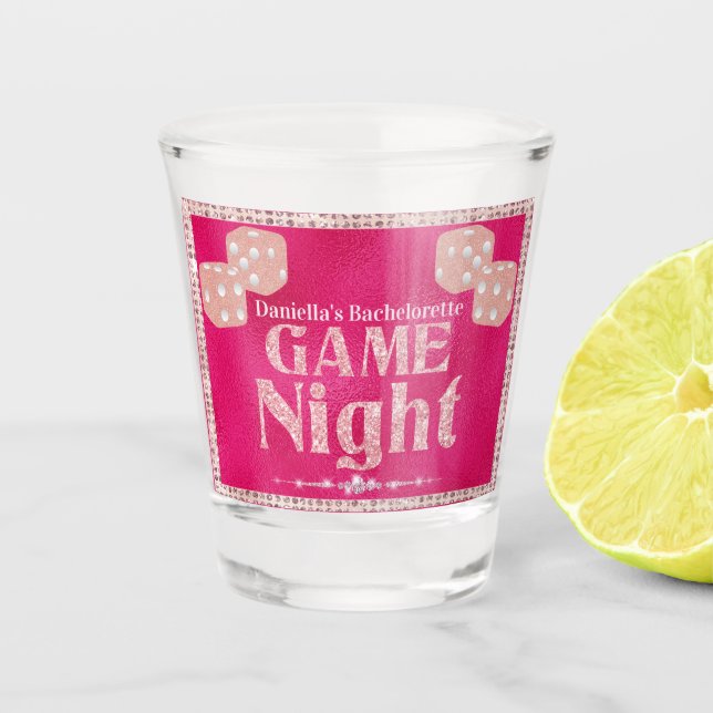 Hot Pink Glitter Dice Ladies Game Night Shot Glass (Front)