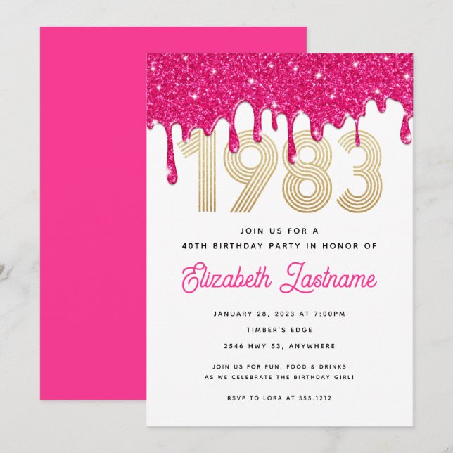 Hot Pink Glitter Drip 40th Birthday Invitation  (Front/Back)