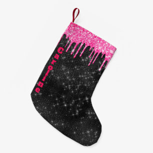 Hot Pink Glitter Drip Black Sparkle Custom Name Small Christmas Stocking