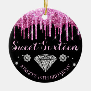 Hot Pink Glitter Drip Diamond Sweet Sixteen Ceramic Tree Decoration