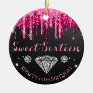 Hot Pink Glitter Drip Diamond Sweet Sixteen Ceramic Tree Decoration